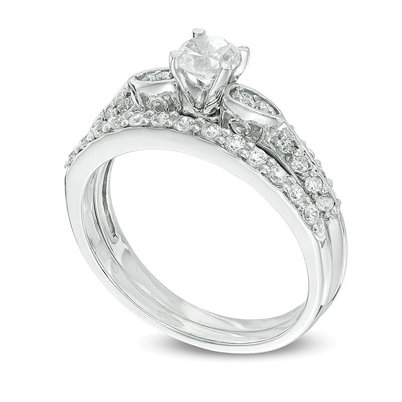 4.0mm Lab-Created White Sapphire and 0.2 CT. TW Diamond Bridal Set in 10K White Gold