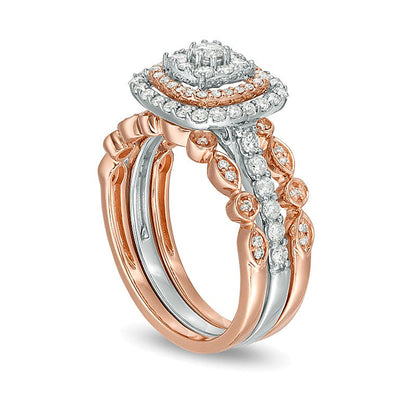 0.88 CT. TW Composite Diamond Double Cushion Frame Art Deco Vintage-Style Three Piece Bridal Set in 14K Two-Tone Gold