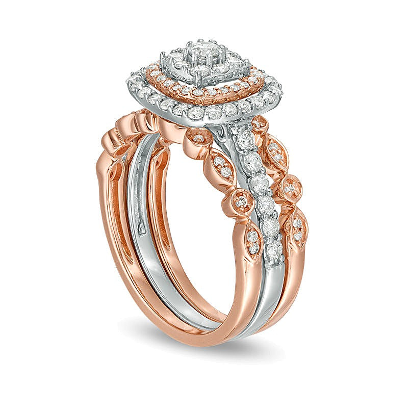 0.88 CT. TW Composite Diamond Double Cushion Frame Art Deco Vintage-Style Three Piece Bridal Set in 14K Two-Tone Gold