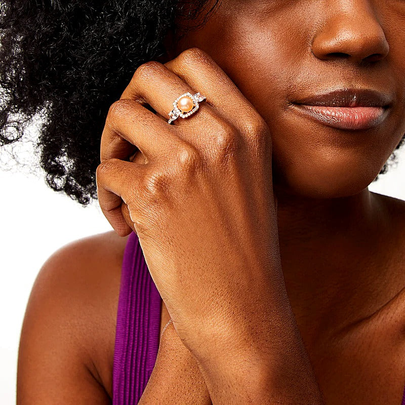 0.2 CT. TW Diamond, White Lab-Created Sapphire and Freshwater Cultured Pearl Ring in 10K Rose Gold