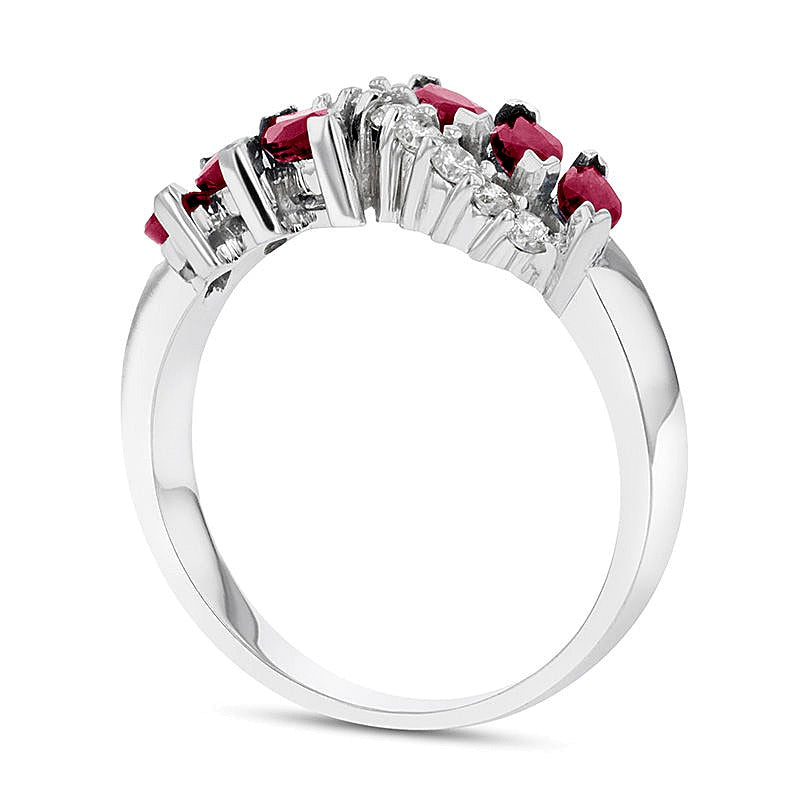 Marquise Ruby and 0.25 CT. TW Diamond Slant Ring in 14K White Gold