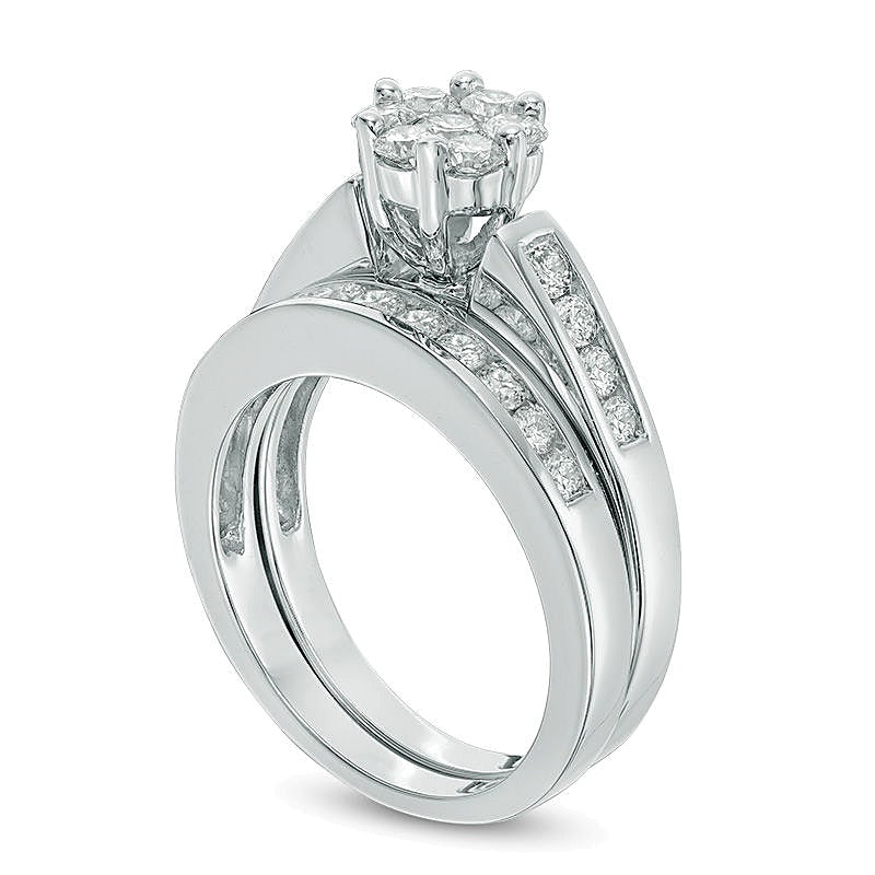 1.0 CT. TW Multi-Diamond Flower Bridal Set in 10K White Gold