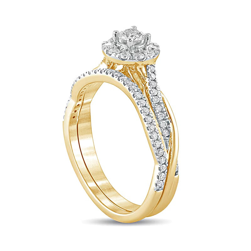 0.5 CT. TW Diamond Frame Twist Shank Bridal Set in 10K Gold