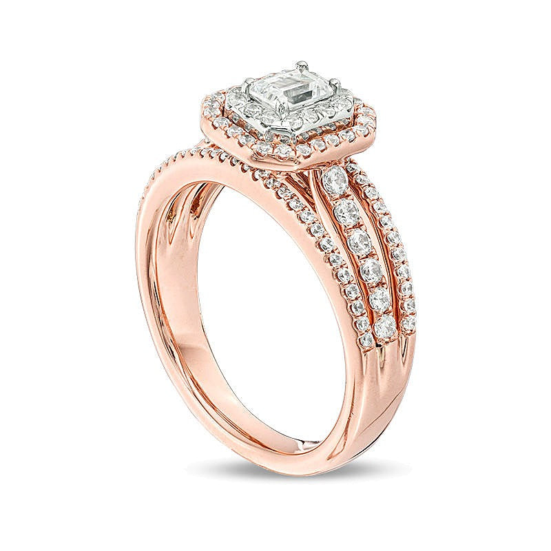 1.0 CT. TW Emerald-Cut Diamond Double Frame Multi-Row Engagement Ring in 14K Two-Tone Gold (I/SI2)