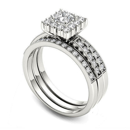 0.88 CT. TW Princess-Cut Diamond Frame Three Piece Bridal Set in 14K White Gold