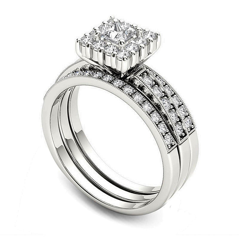 0.88 CT. TW Princess-Cut Diamond Frame Three Piece Bridal Set in 14K White Gold