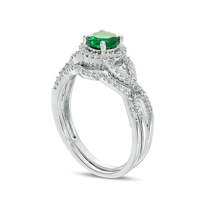 5.2mm Lab-Created Emerald and 0.25 CT. TW Diamond Twist Shank Bridal Set in 10K White Gold