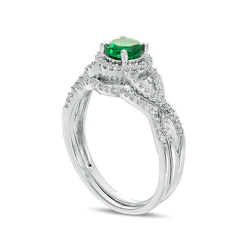 5.2mm Lab-Created Emerald and 0.25 CT. TW Diamond Twist Shank Bridal Set in 10K White Gold