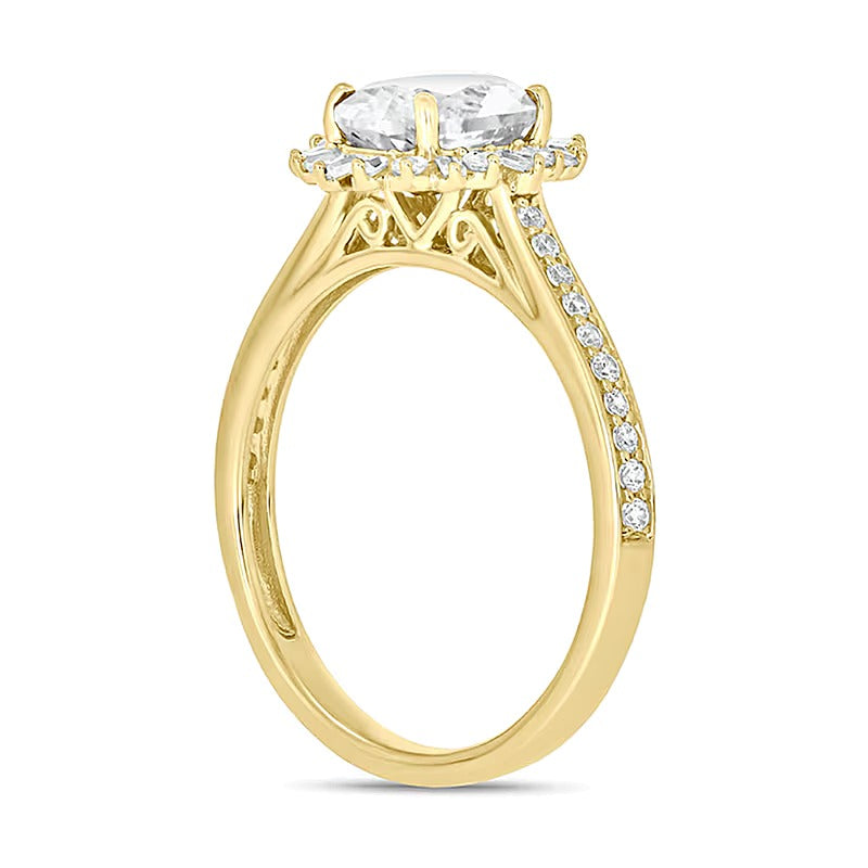 Oval White Lab-Created Sapphire and 0.33 CT. TW Diamond Starburst Frame Engagement Ring in 10K Gold