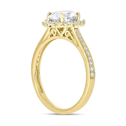 Oval White Lab-Created Sapphire and 0.33 CT. TW Diamond Starburst Frame Engagement Ring in 10K Gold