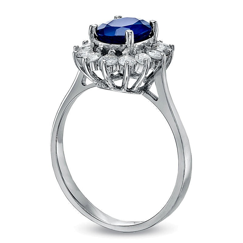 Oval Blue Sapphire and 0.38 CT. TW Diamond Shadow Frame Engagement Ring in 14K White Gold