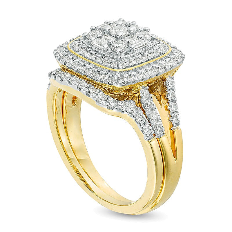 1.0 CT. TW Multi-Diamond Double Cushion Frame Bridal Set in 10K Gold