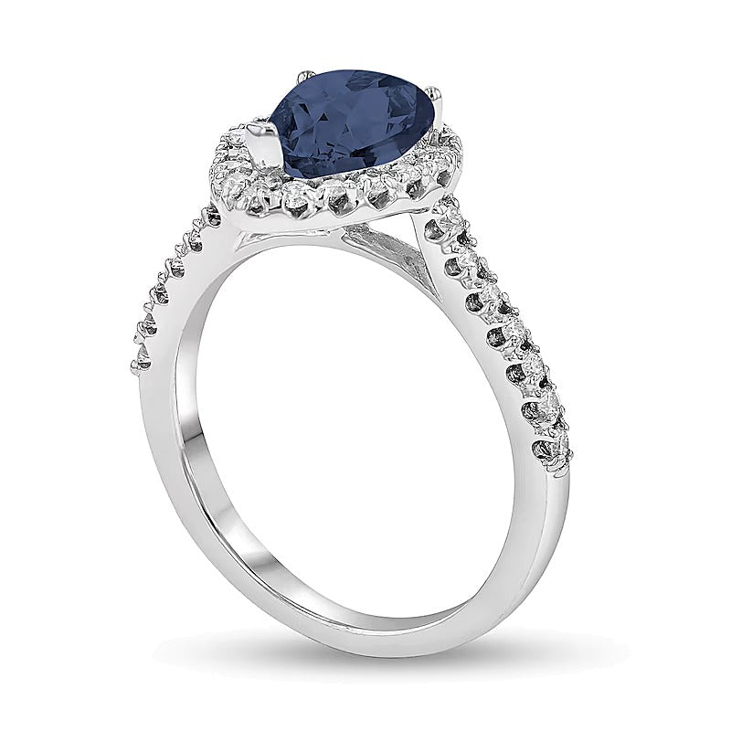 Pear-Shaped Blue Sapphire and 0.38 CT. TW Diamond Frame Ring in 14K White Gold