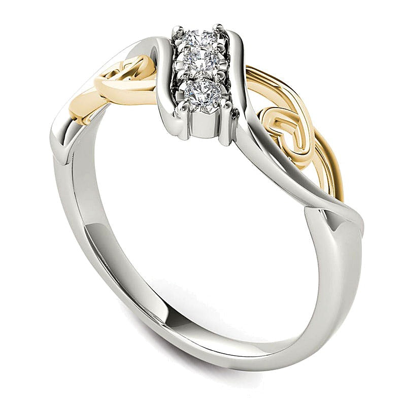 0.1 CT. TW Diamond Three Stone Bypass with Hearts Ring in 14K White Gold and Yellow Rhodium