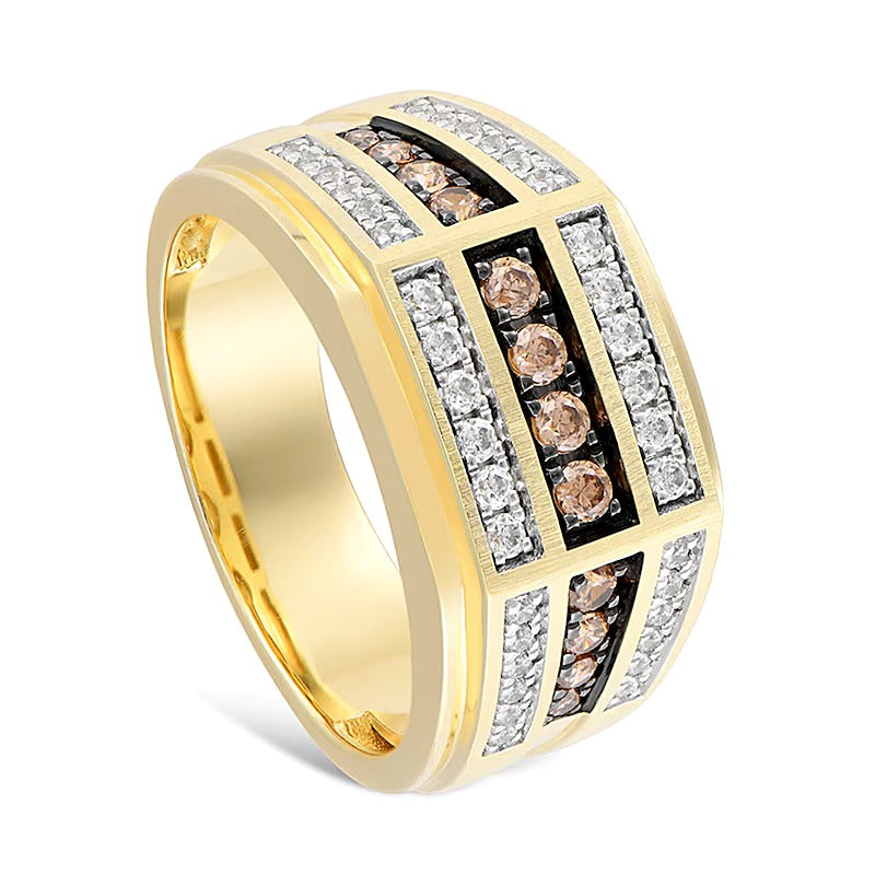 0.75 CT. TW Champagne and White Diamond Triple Row Angled Ring in 10K Gold
