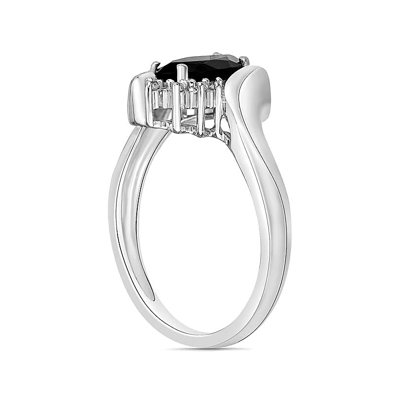 Marquise Black Onyx and Diamond Accent Beaded Starburst Border Bypass Ring in 10K White Gold