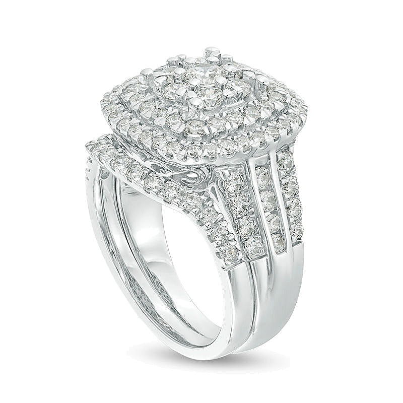 2.0 CT. TW Diamond Triple Cushion Frame Bridal Set in 10K White Gold