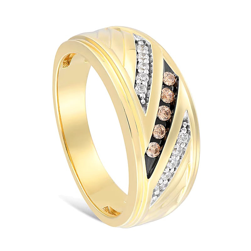 0.25 CT. TW Champagne and White Diamond Triple Row Slant Ring in 10K Gold