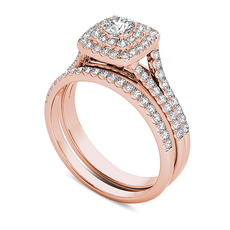 1.0 CT. TW Diamond Double Cushion Frame Split Shank Bridal Set in 14K Rose Gold