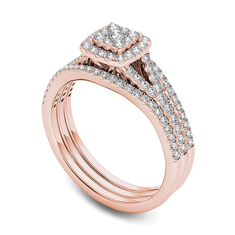0.75 CT. TW Composite Diamond Cushion Frame Three Piece Bridal Set in 14K Rose Gold
