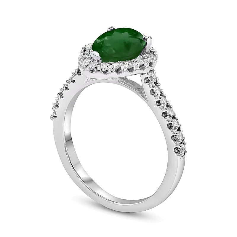 Pear-Shaped Emerald and 0.33 CT. TW Diamond Frame Ring in 14K White Gold