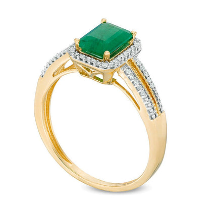 Emerald-Cut Emerald and 0.1 CT. TW Diamond Frame Vintage-Style Split Shank Ring in 10K Gold