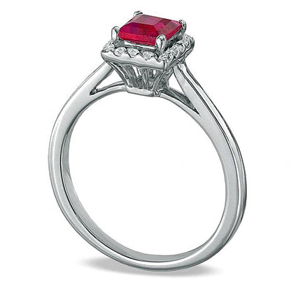 Princess-Cut Lab-Created Ruby and 0.14 CT. TW Diamond Engagement Ring in 10K White Gold