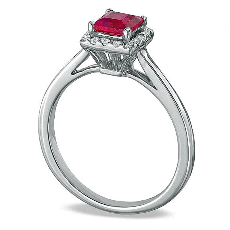 Princess-Cut Lab-Created Ruby and 0.14 CT. TW Diamond Engagement Ring in 10K White Gold
