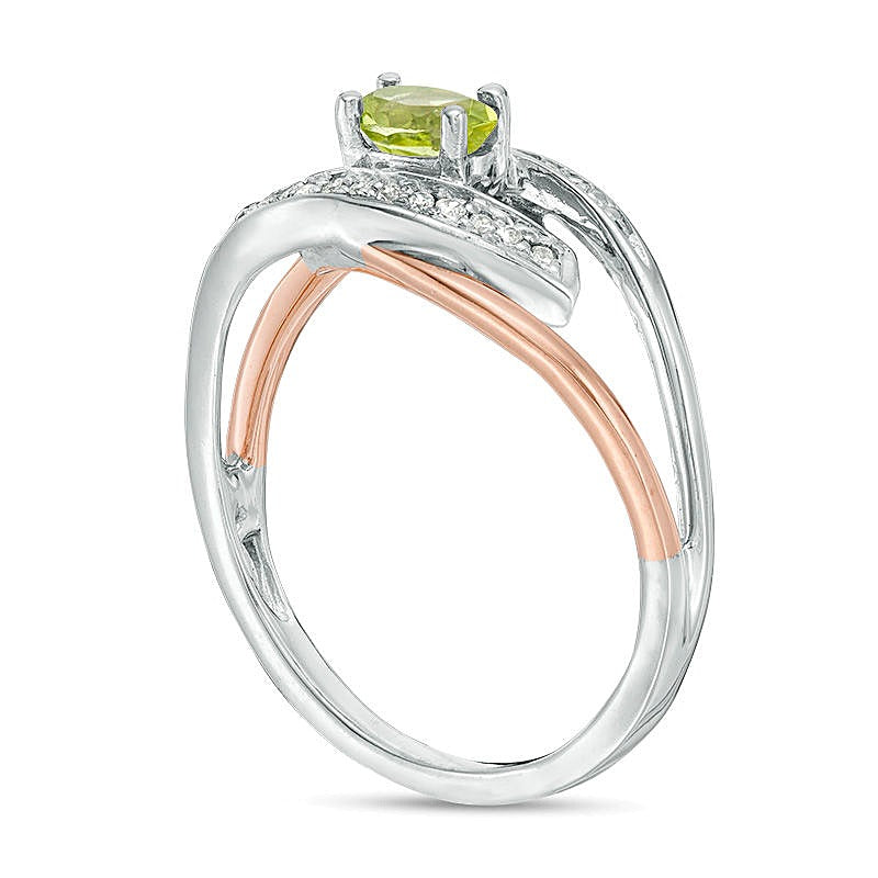 Oval Peridot and Diamond Accent Split Shank Ring in Sterling Silver and 10K Rose Gold