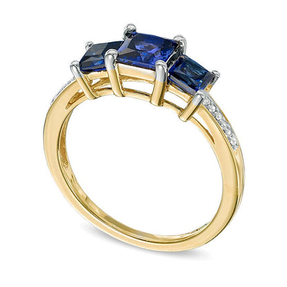 Princess-Cut Lab-Created Blue Sapphire and Diamond Accent Three Stone Ring in 10K Gold