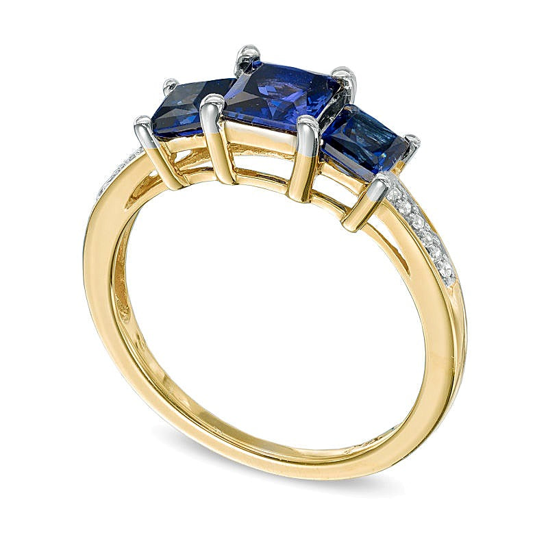 Princess-Cut Lab-Created Blue Sapphire and Diamond Accent Three Stone Ring in 10K Gold