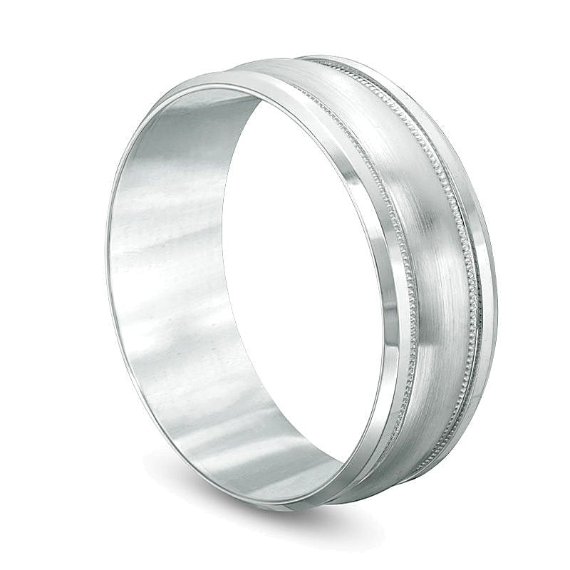 8.0mm Satin Center Milgrain Comfort Fit Wedding Band in 14K White Gold