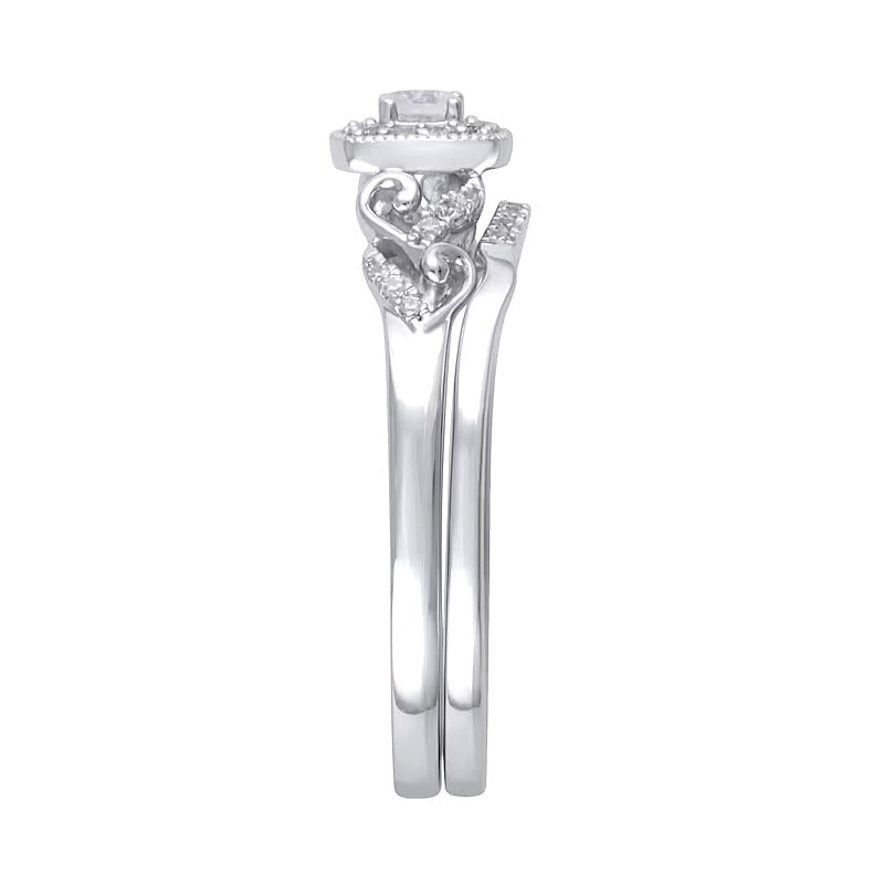 0.25 CT. TW Diamond Cushion Frame Heart-Sides Vintage-Style Bridal Set in Sterling Silver