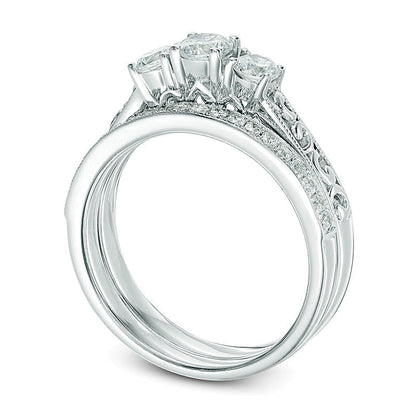 0.75 CT. TW Diamond Three Stone Vintage-Style Bridal Set in 10K White Gold