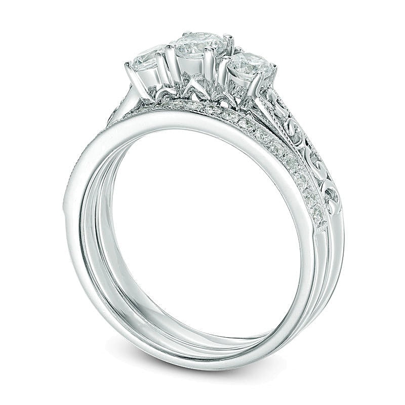 0.75 CT. TW Diamond Three Stone Vintage-Style Bridal Set in 10K White Gold
