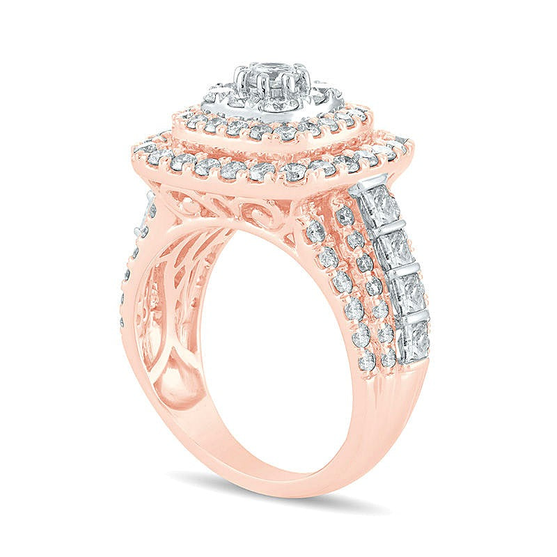 3.0 CT. TW Diamond Triple Cushion Frame Multi-Row Engagement Ring in 10K Rose Gold