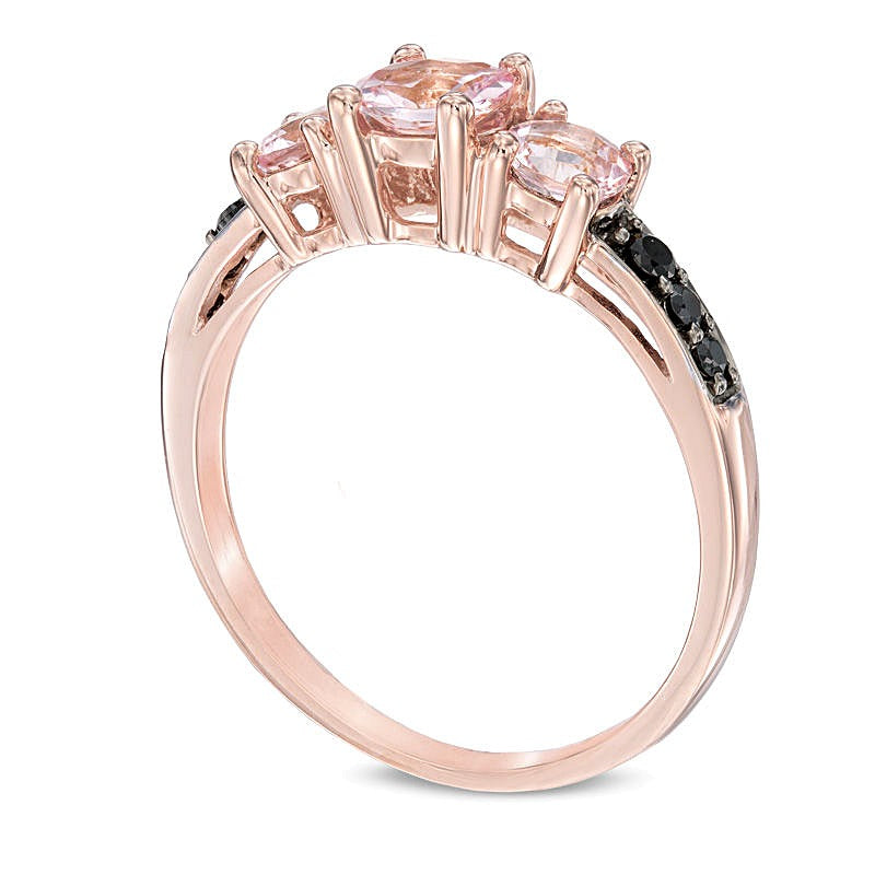 5.0mm Morganite and 0.1 CT. TW Black Diamond Three Stone Ring in 10K Rose Gold