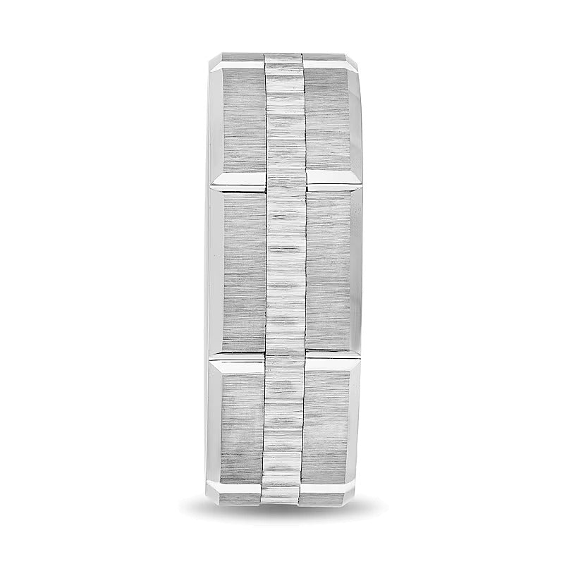 8.0mm Ribbed Stripe Band in Silver-Tone Ion-Plated Tungsten