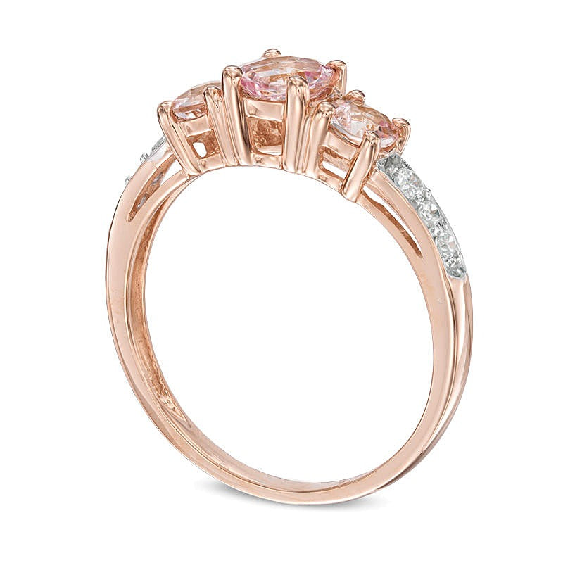 5.0mm Morganite and 0.1 CT. TW Diamond Three Stone Engagement Ring in 10K Rose Gold