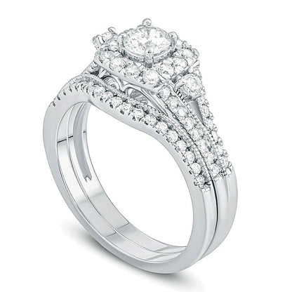 1.0 CT. TW Diamond Cushion Frame Vintage-Style Bridal Set in 10K White Gold