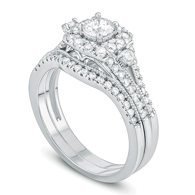 1.0 CT. TW Diamond Cushion Frame Vintage-Style Bridal Set in 10K White Gold