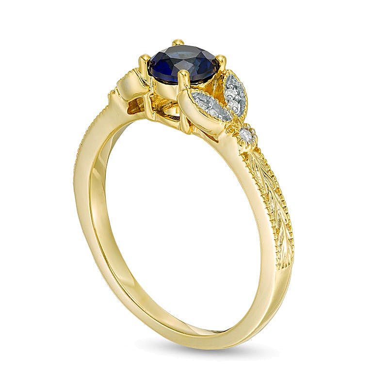 5.0mm Lab-Created Blue Sapphire and Diamond Accent Leaf Vintage-Style Ring in 10K Gold