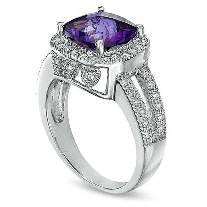 Cushion-Cut Amethyst and 0.5 CT. TW Diamond Frame Ring in 14K White Gold