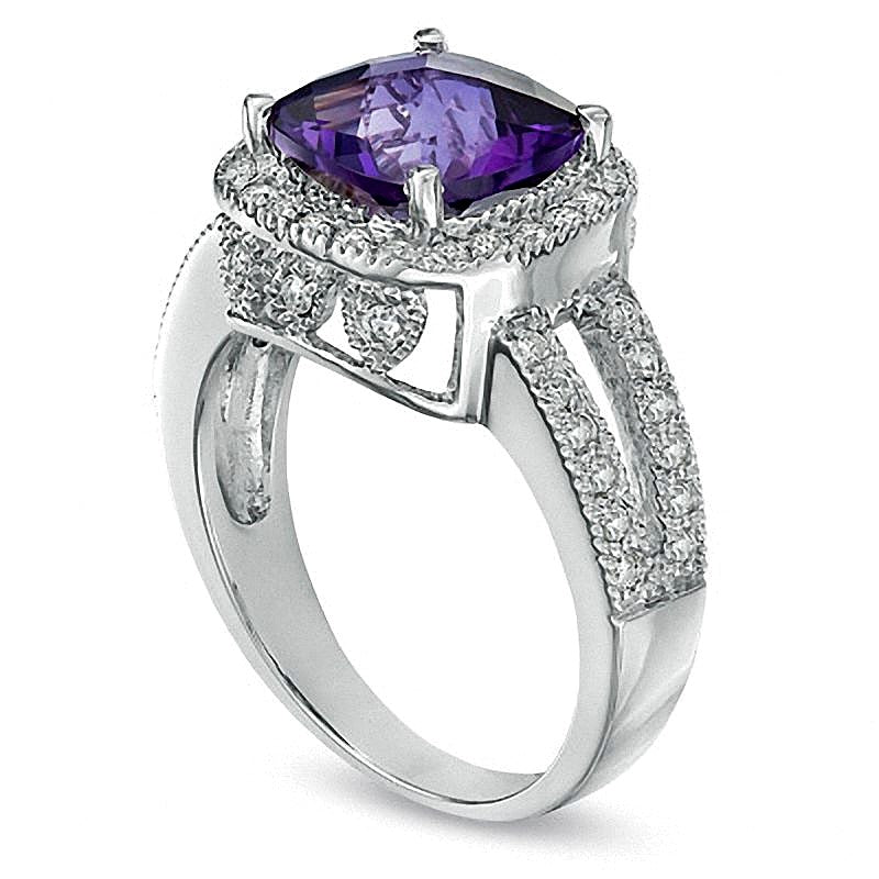 Cushion-Cut Amethyst and 0.5 CT. TW Diamond Frame Ring in 14K White Gold