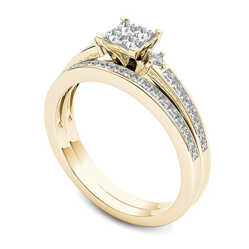 1.0 CT. TW Quad Princess-Cut Multi-Diamond Bridal Set in 14K Gold