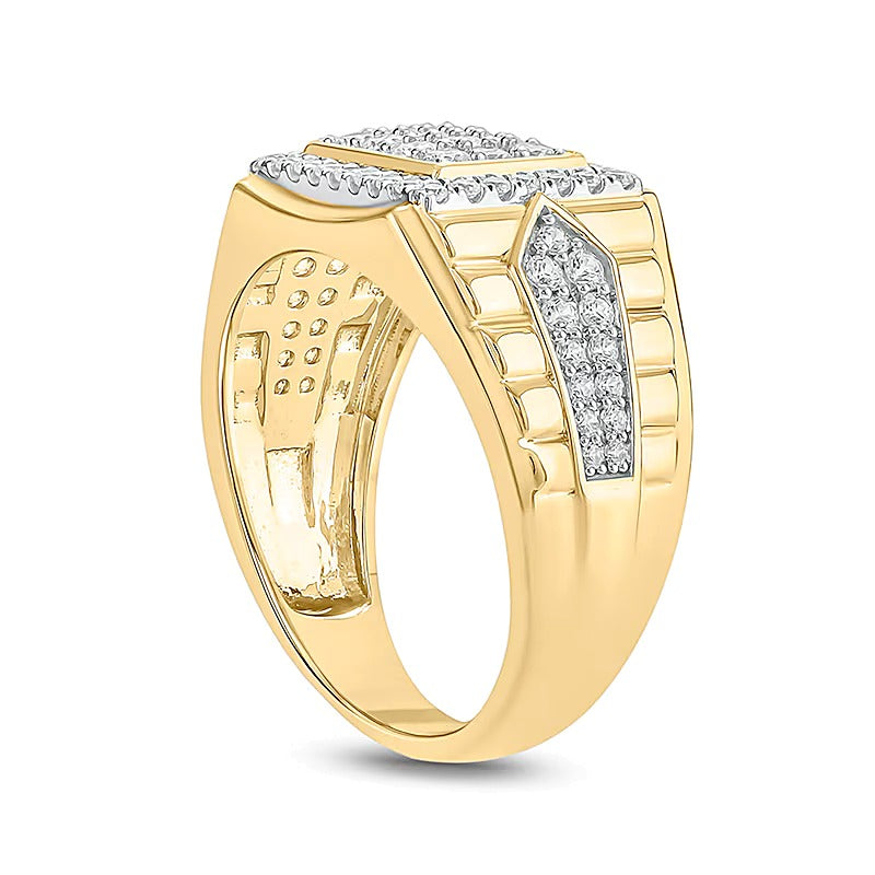 1.0 CT. TW Composite Diamond Frame Rectangle-Top Pointed Double Row Ribbed Shank Ring in 10K Gold