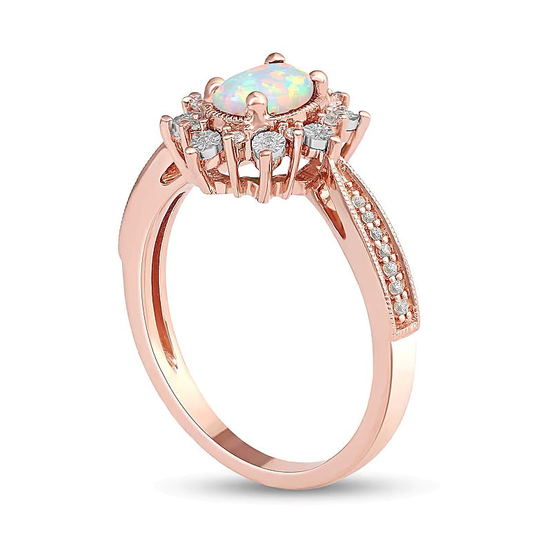 Oval Opal and 0.1 CT. TW Diamond Shadow Frame Vintage-Style Ring in 10K Rose Gold