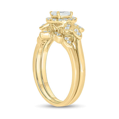 0.75 CT. TW Oval Diamond Frame Tri-Sides Leaf Bridal Set in 14K Gold (I/I2)