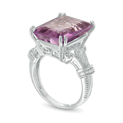Emerald-Cut Amethyst and Diamond Accent Vintage-Style Ring in Sterling Silver
