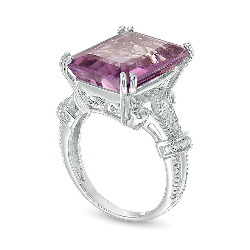 Emerald-Cut Amethyst and Diamond Accent Vintage-Style Ring in Sterling Silver